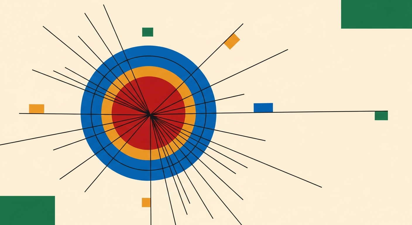 Composição geométrica abstrata em estilo cartaz político brasileiro dos anos 60: círculo vermelho central com anéis concêntricos azul e âmbar, atravessados por linhas pretas radiais sobre fundo creme. Representa a distribuição aberta dos dados do painel Eleições 2026 via API pública.