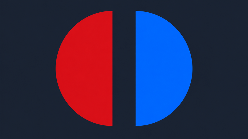 Arte abstrata: dois meios-círculos do mesmo tamanho, um vermelho e um azul, frente a frente sobre fundo azul-escuro
